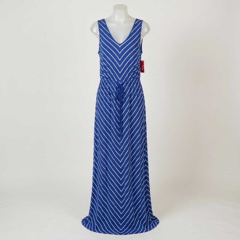 Merona Blue White Chevron Striped Sleeveless V-Neck Maxi Dress Large